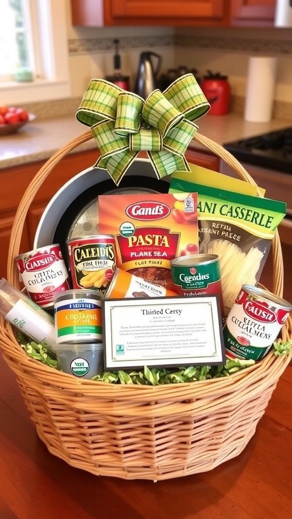 Casserole Gift Basket Ideas A casserole gift basket with baking dish, pasta, sauce, cheese, and recipe card.